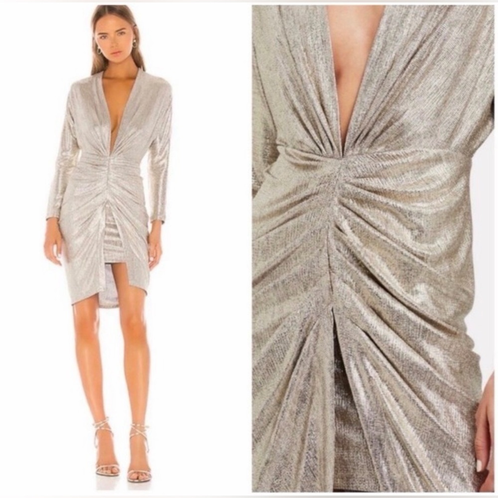 IRO Women’s Cilty Silver Metallic Lamé Plunge Mini Dress Ruched Deep V-neck 40